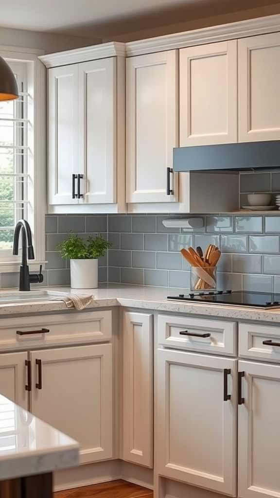 A modern kitchen with dark wood handles on white cabinets and a gray backsplash.