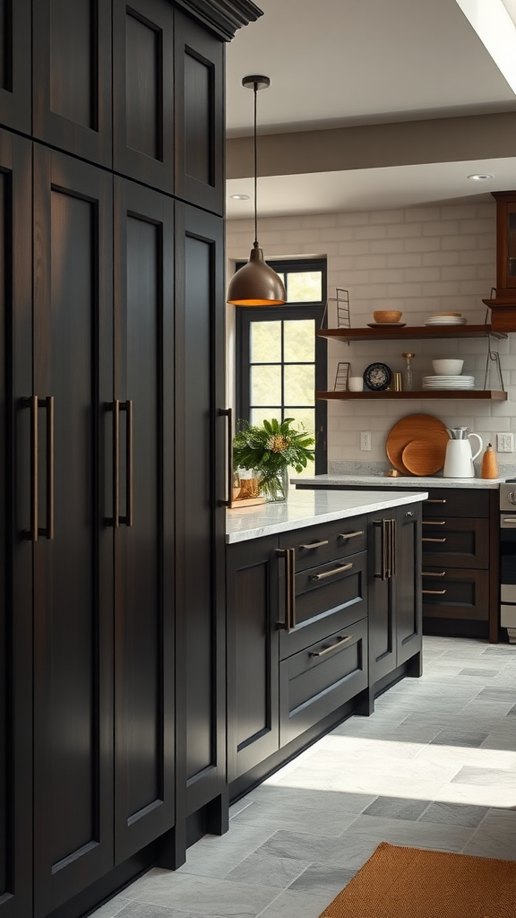 A modern kitchen featuring dark wood handles on cabinetry, creating a sleek and inviting atmosphere.