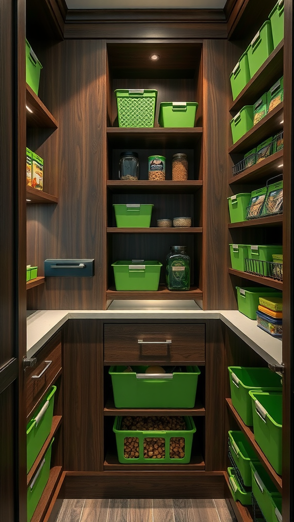 A well-organized dark wood pantry with green storage bins
