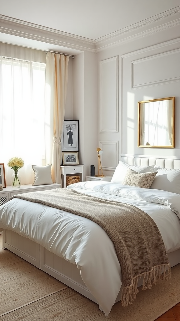A stylish bedroom featuring a bed with cream bedding, a decorative throw, and elegant storage solutions like a nightstand and framed art.
