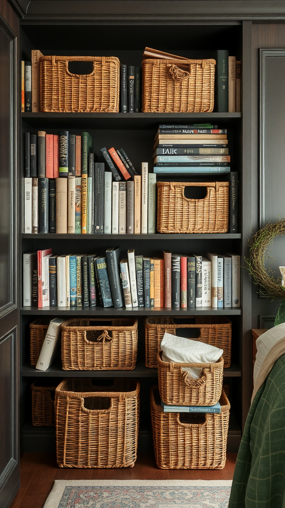 Woven baskets on a bookshelf filled with books in a dark cottagecore bedroom library.
