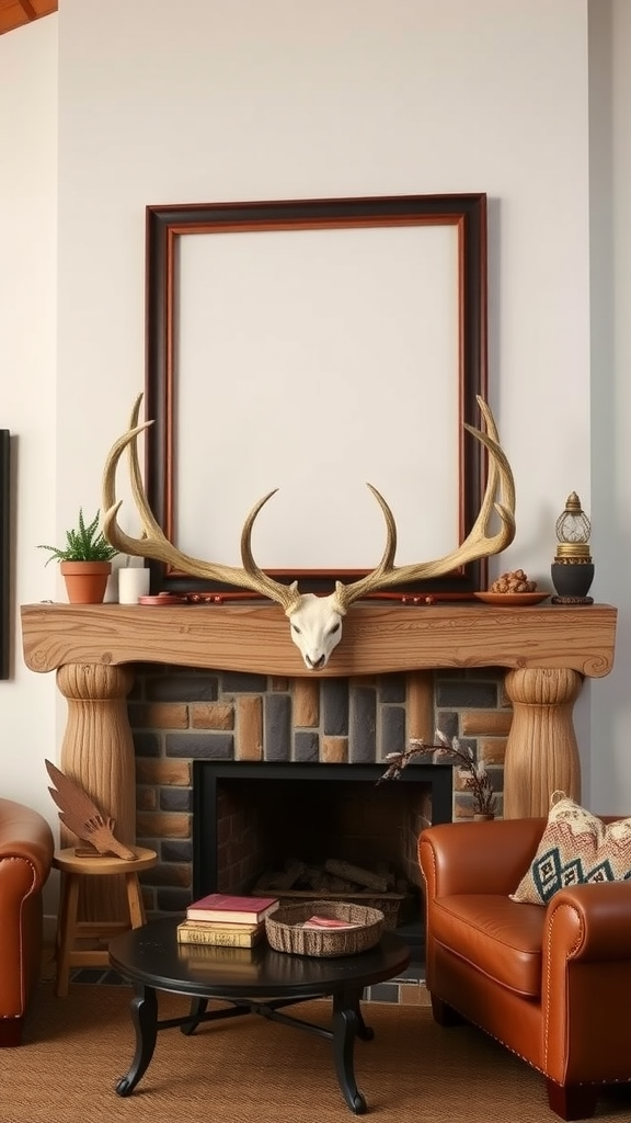 A cozy living room featuring deer antlers above a wooden fireplace, with leather furniture and rustic decor.