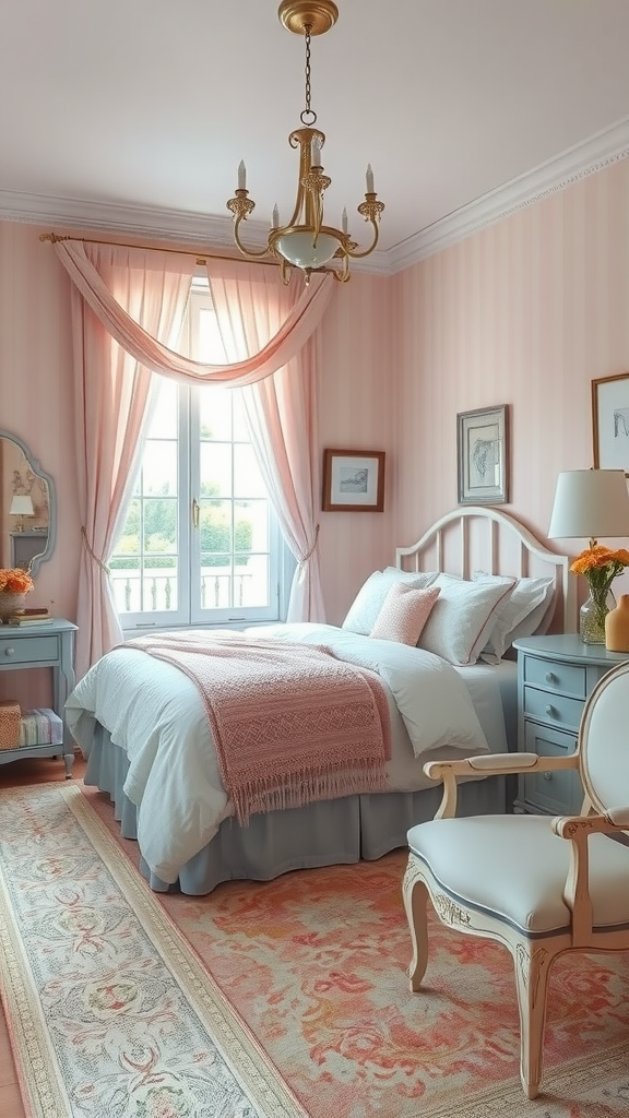 A shabby chic bedroom featuring pastel colors, a chandelier, and elegant decor.
