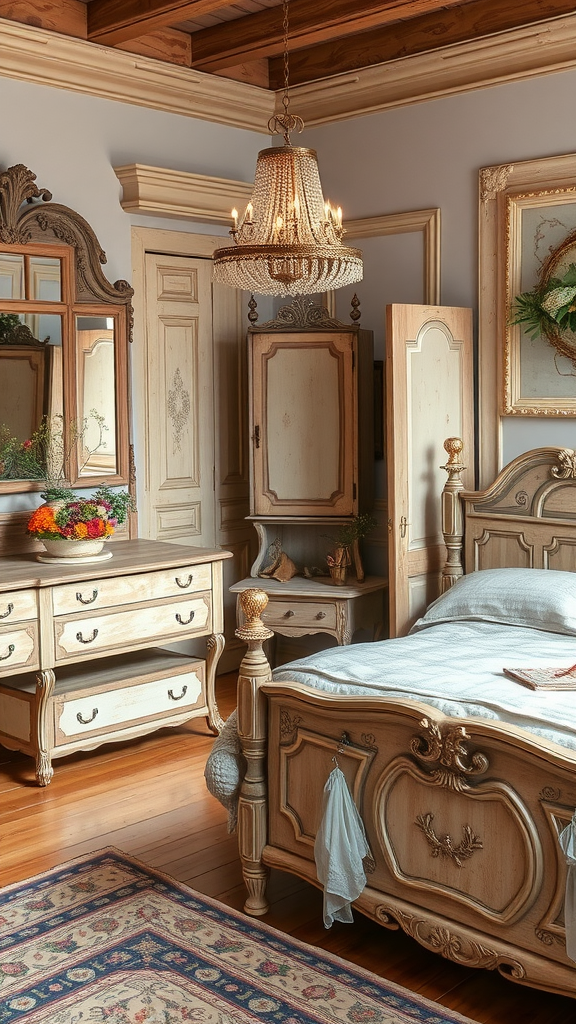A cozy bedroom with distressed wooden furniture and a chandelier