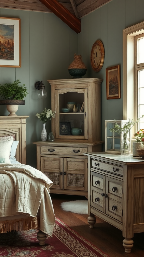 Cozy bedroom featuring distressed wooden furniture, soft bedding, and a warm color palette. Shabby chic bedrooms aesthetic