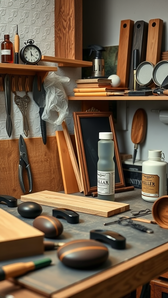 A cluttered workshop with tools and dark wood kitchen handles on a workbench
