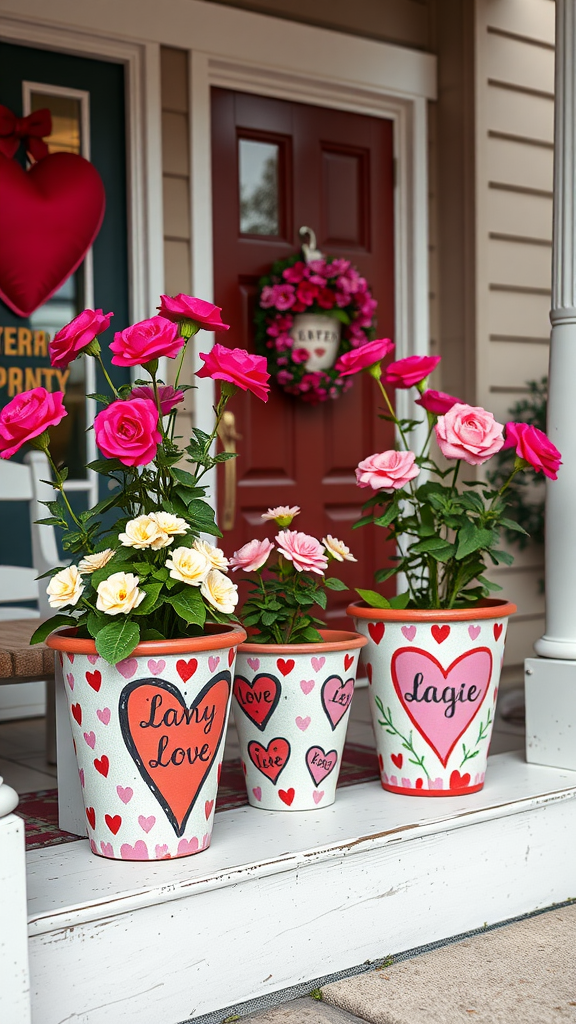 Decorated flower pots for Valentine's Day with pink roses and yellow flowers.