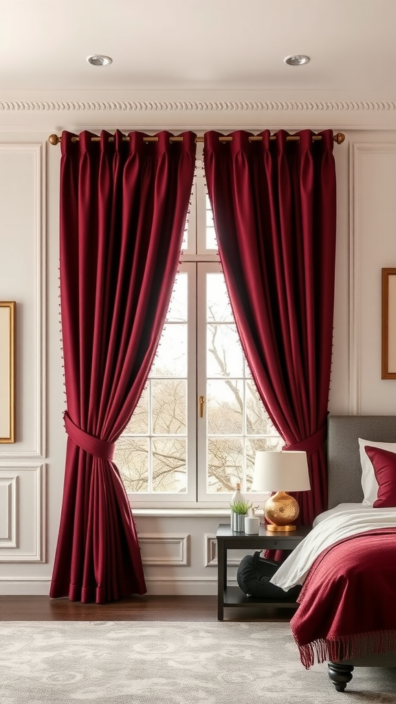Dramatic burgundy curtains framing a window in a stylish bedroom.