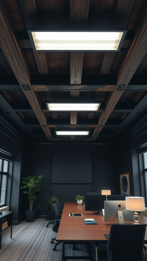 Modern office with wooden beams and bright light fixtures on the ceiling