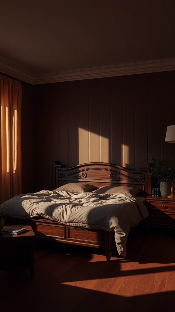 A cozy chocolate brown bedroom with soft lighting, highlighting the bed and warm wood furniture.