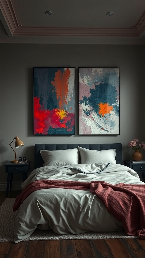 A moody bedroom featuring dramatic wall art with vibrant colors.