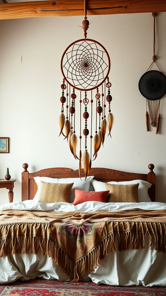 A dreamcatcher hanging above a cozy bed in a western boho bedroom setup.