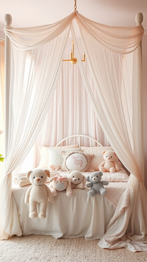 A cozy canopy bed with soft fabric draping and plush teddy bears.