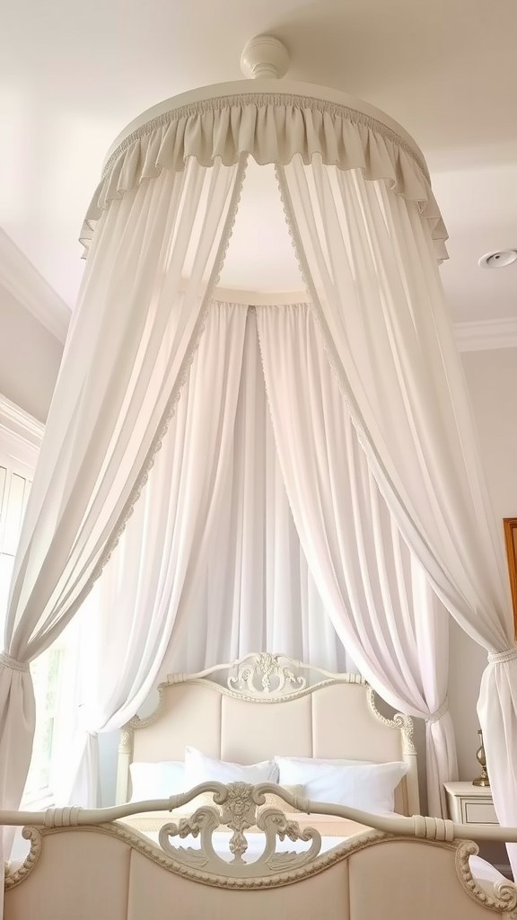 A beautifully draped canopy over a bed with soft white fabric, enhancing the cozy and elegant feel of the bedroom.