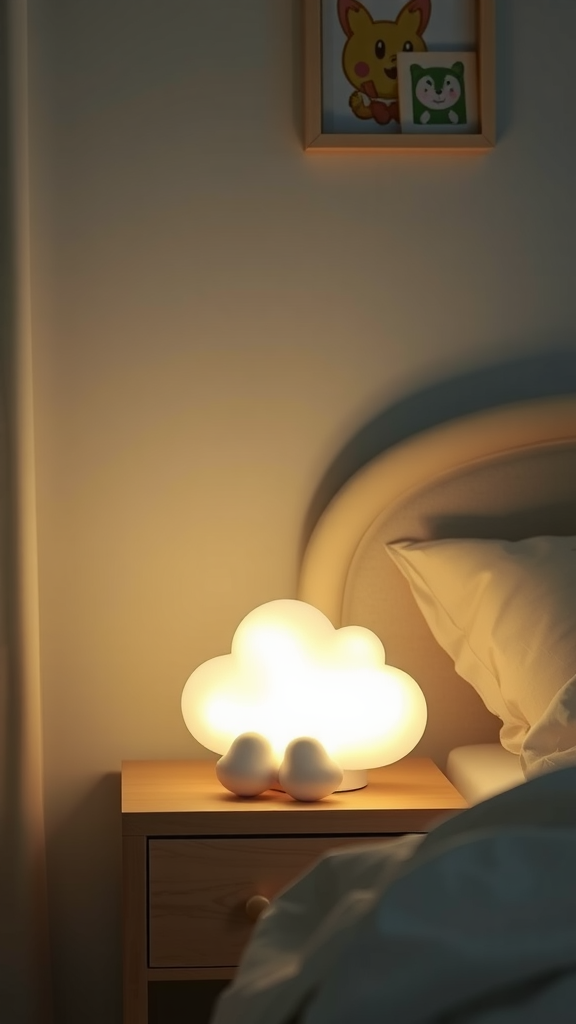 A soft glowing cloud-shaped nightlight on a bedside table, with a cozy bedroom setting.