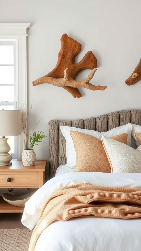 A cozy bedroom featuring driftwood accents on the wall, a neatly made bed with decorative pillows, and a wooden nightstand.