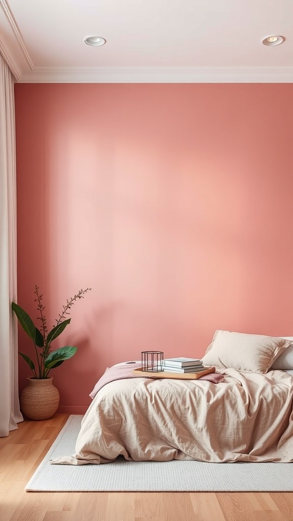 Cozy bedroom with a dusty pink accent wall, a bed with neutral bedding, and a plant in the corner.