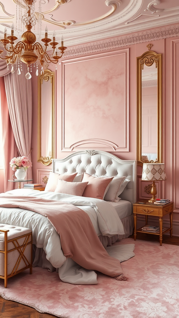 A beautifully decorated bedroom with dusty pink walls, a gold chandelier, and elegant furnishings.