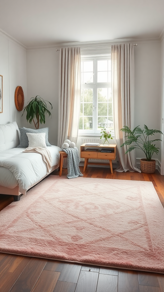 A cozy bedroom featuring a dusty pink area rug in front of a bed, with natural light filtering through the window.