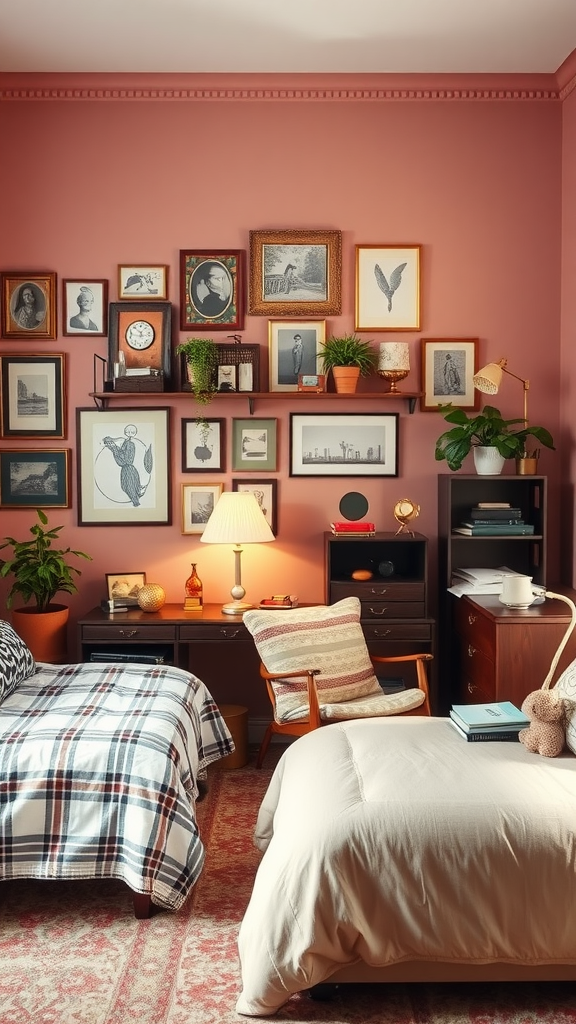 A cozy bedroom featuring dusty pink walls, a gallery of framed artwork, a mix of furniture styles, and green plants.