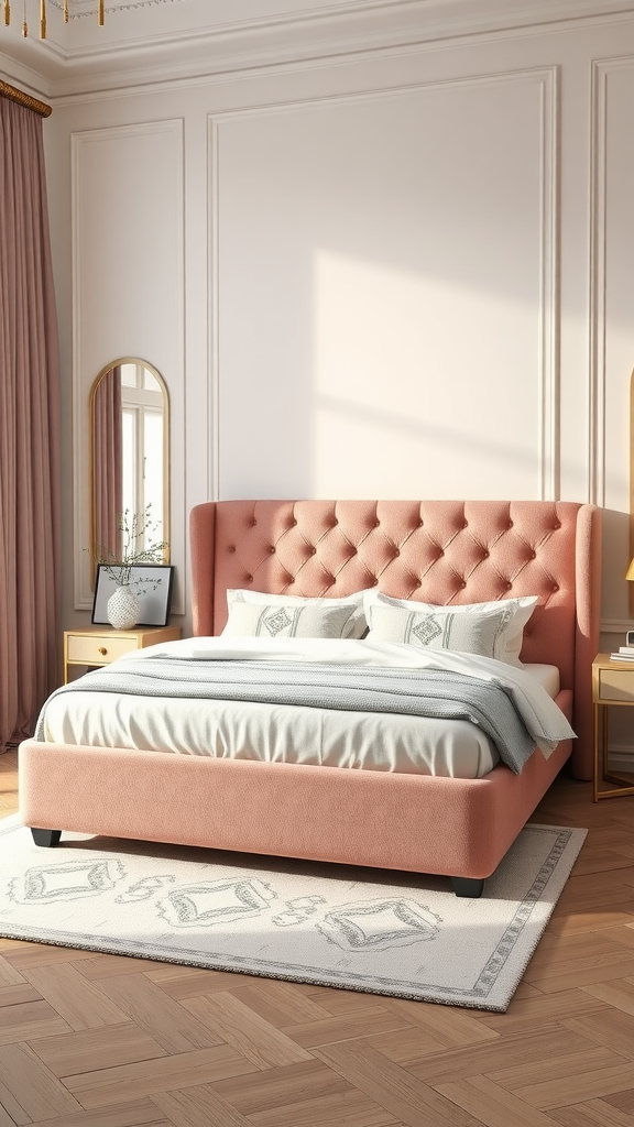 A stylish dusty pink bed frame with tufted headboard in a well-decorated bedroom.
