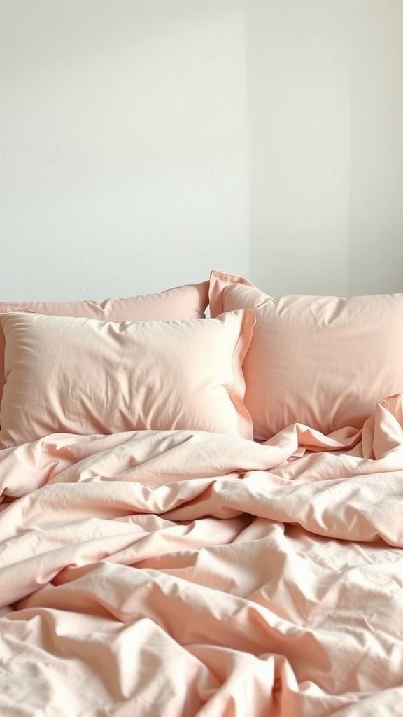 A cozy bed with dusty pink bedding, featuring rumpled sheets and pillows.