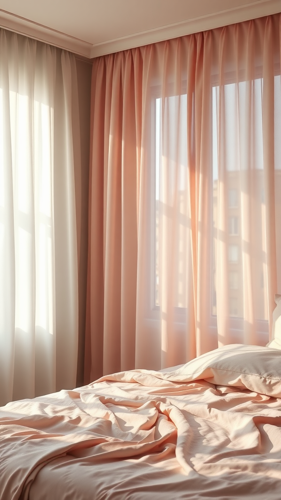 A softly lit bedroom showcasing dusty pink curtains and light bedding