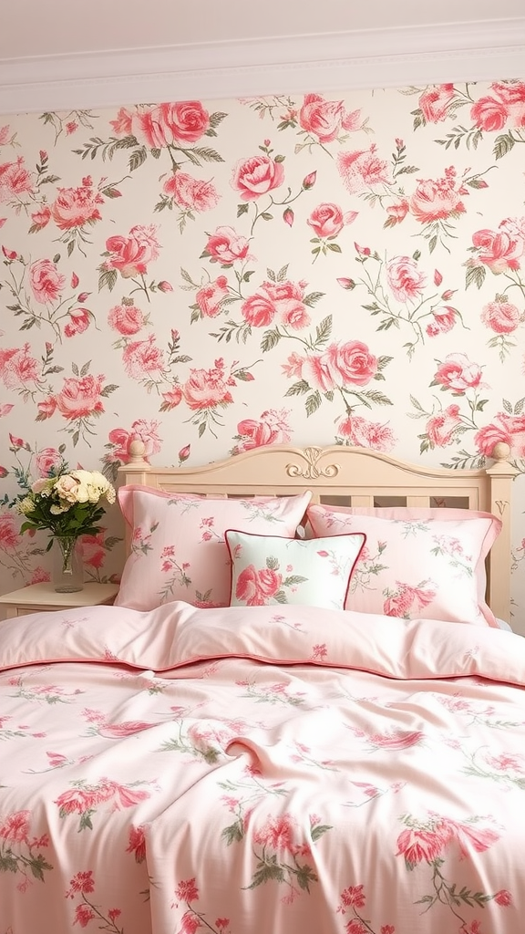 A cozy bedroom featuring dusty pink floral patterns on the walls and bedding, creating a soft and inviting atmosphere.