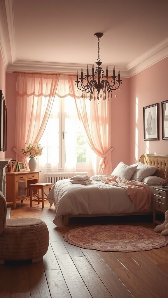 A cozy dusty pink bedroom featuring soft drapes, a chandelier, and elegant wooden furniture.