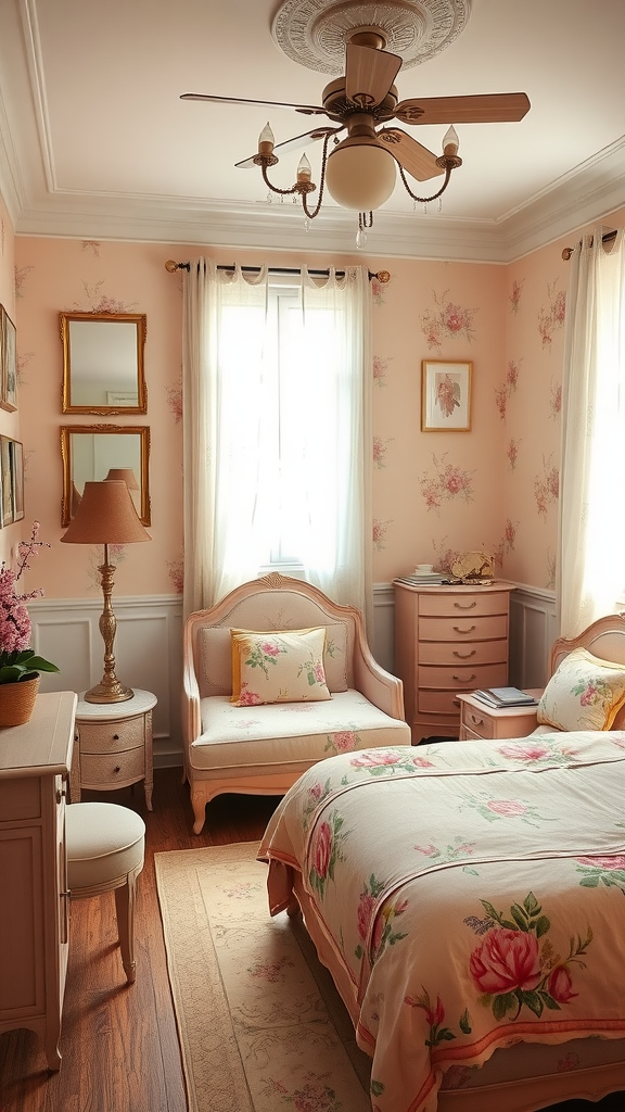 A vintage-inspired bedroom featuring dusty pink walls, floral bedding, and elegant furniture.