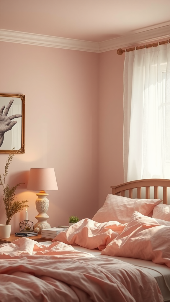 A cozy bedroom with dusty pink walls, soft bedding, and a lamp creating warm light.