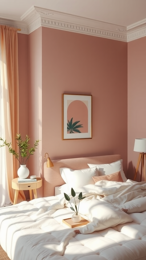 Calm bedroom with dusty pink walls and cozy decor.