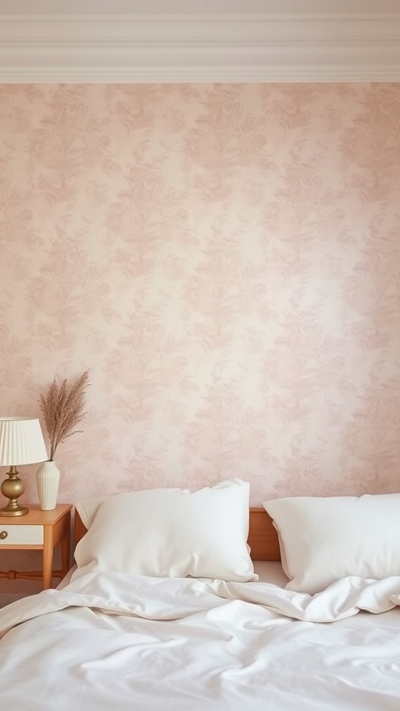 Cozy bedroom with dusty pink wallpaper and white bedding.