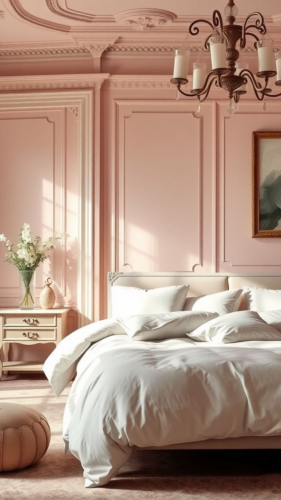 Cozy bedroom with dusty pink walls, white bedding, and elegant decor.