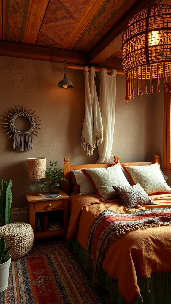 A cozy western boho bedroom with earthy color palette featuring warm tones, plants, and unique decor.