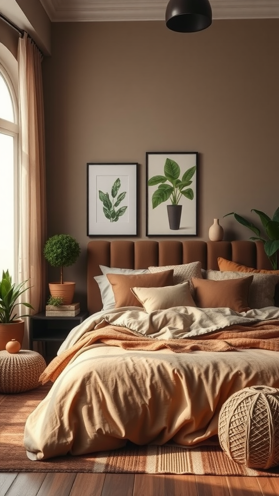 A cozy chocolate brown bedroom featuring earthy green plants and decor.