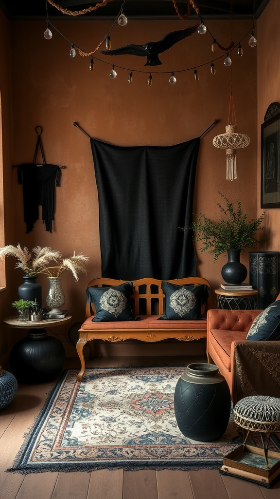 Cozy interior space featuring earthy tones with black accents, including wooden furniture, decorative vases, and warm lighting.