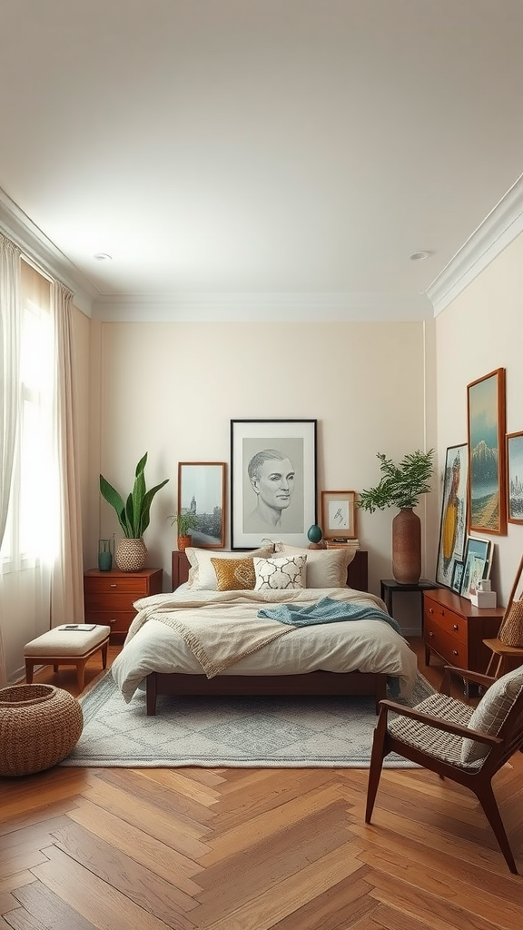 A beautifully designed beige bedroom featuring mid-century furniture, art pieces on the wall, and cozy textures.