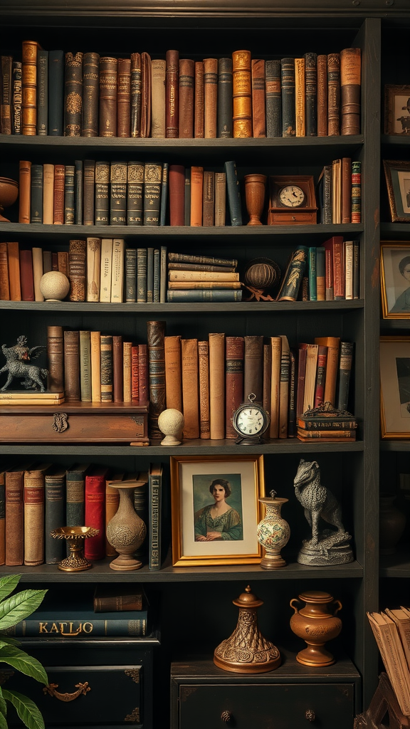 A cozy shelf filled with vintage books, decorative items, and a portrait, evoking a dark cottagecore aesthetic.
