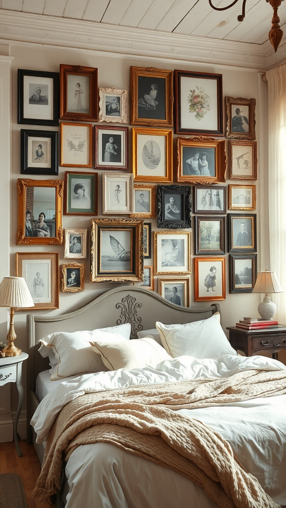 A cozy bedroom with a gallery wall filled with various framed artworks and photos.