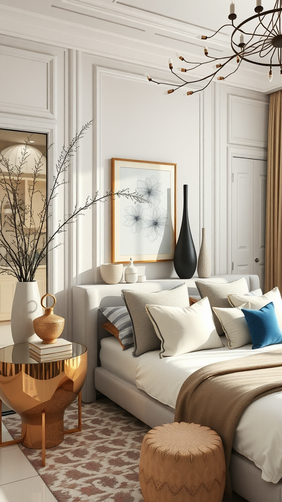 A stylish bedroom featuring neutral tones, plush bedding, elegant accessories, and soft lighting.