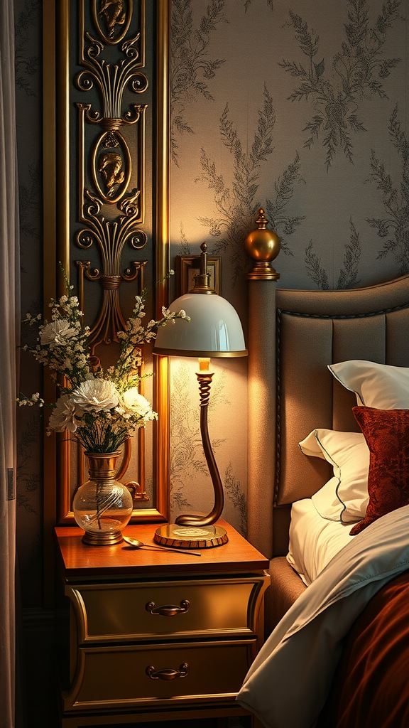 Elegant bedside table with a stylish lamp and a vase of flowers, contributing to a classy bedroom decor.