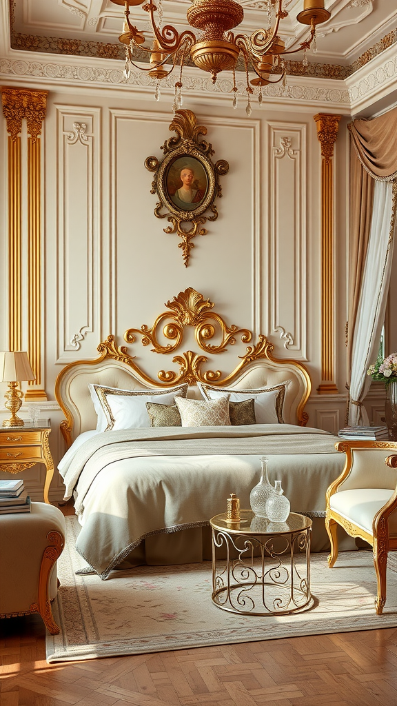 Elegant beige bedroom with gold highlights and luxurious decor