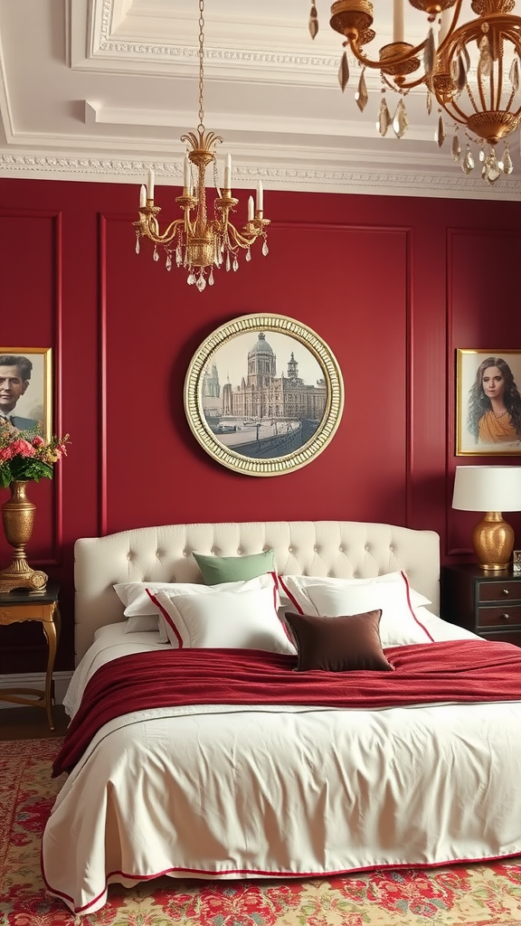 A stylish bedroom with a burgundy accent wall, elegant chandelier, and tasteful decor.