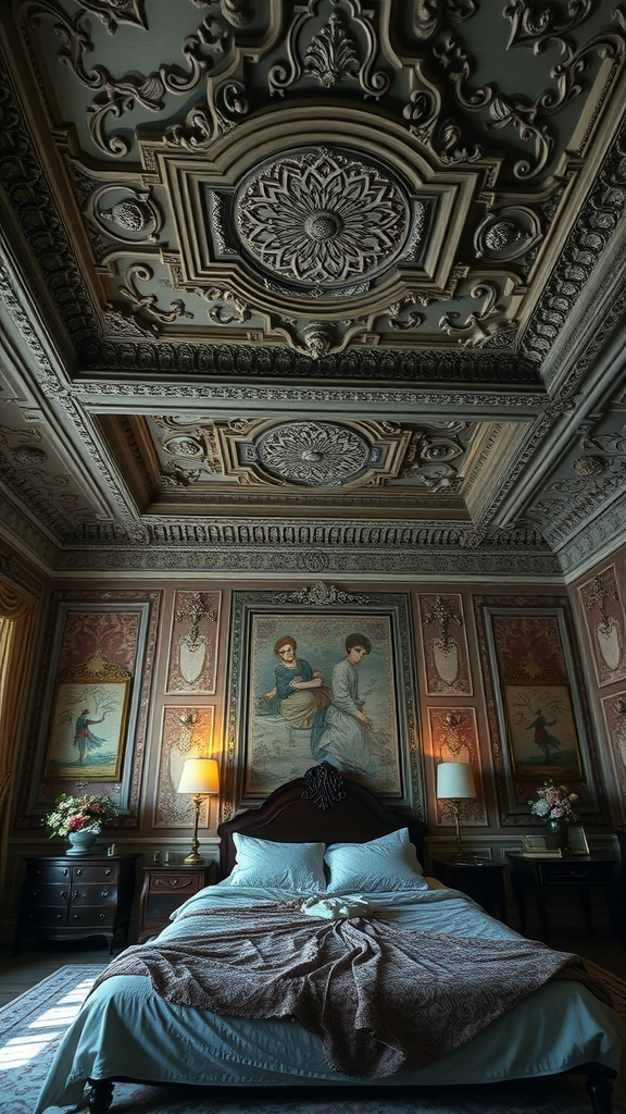 A beautifully ornate bedroom ceiling with intricate moldings and designs.