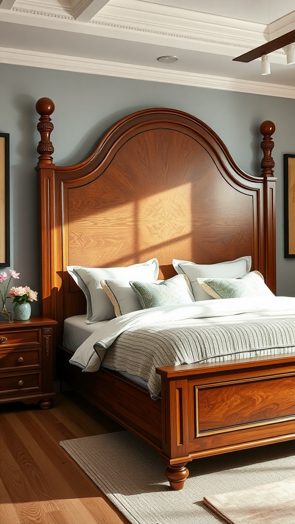 Elegant cherry wood headboard in a cozy bedroom setting