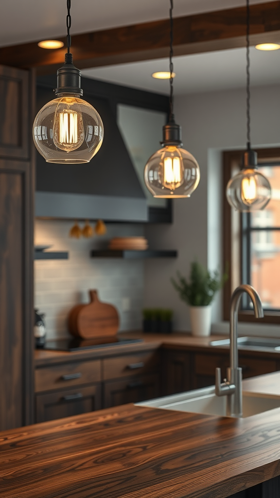 A stylish kitchen with pendant lights over dark wood counters