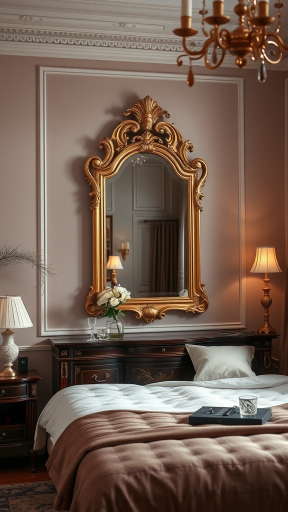 A beautifully designed bedroom featuring an ornate gold-framed mirror, soft pink walls, elegant lamps, and layered bedding.