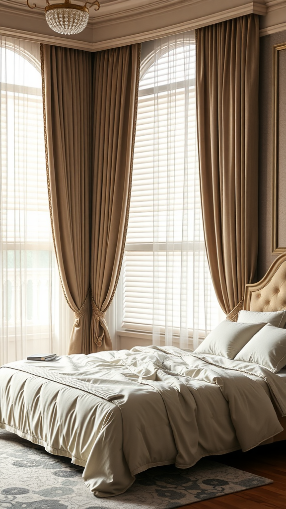 A classy bedroom featuring elegant window treatments with sheer curtains and heavy drapes.
