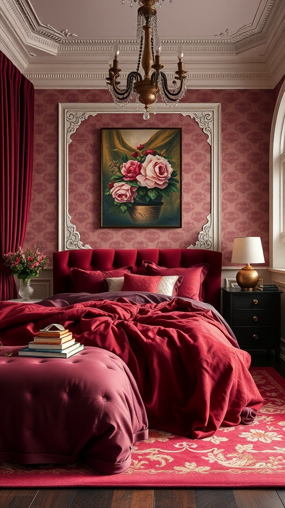 A beautifully styled burgundy bedroom featuring plush bedding, elegant curtains, and decorative elements.